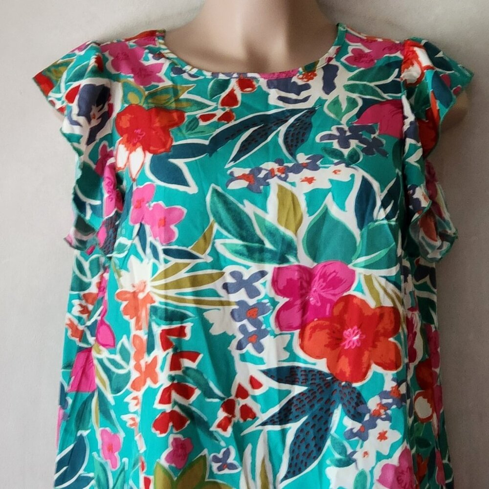 Shein Curve blouse sz 2X turquoise floral tropical print lightweight EUC